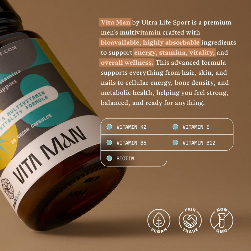 Ultra Life Sport - VITA Man Premium Men's Multivitamin - 30 Capsules | Daily Vitamins for Men with Vitamin E, K2 MK-7 & B Vitamins for Maximum Absorption, 100% Vegan, Organic, Non-GMO, Gluten Free