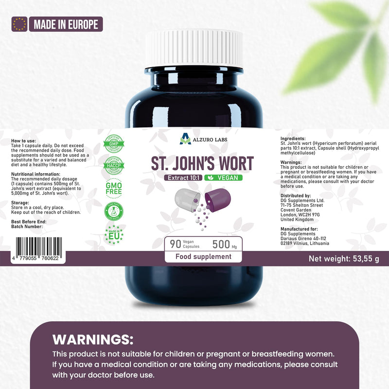 St. John's Wort 5,000mg Equivalent | High Strength 500mg 10:1 Extract | 90 Vegan Capsules | Mood & Emotional Wellbeing Support | GMP & 3rd Party Lab Tested