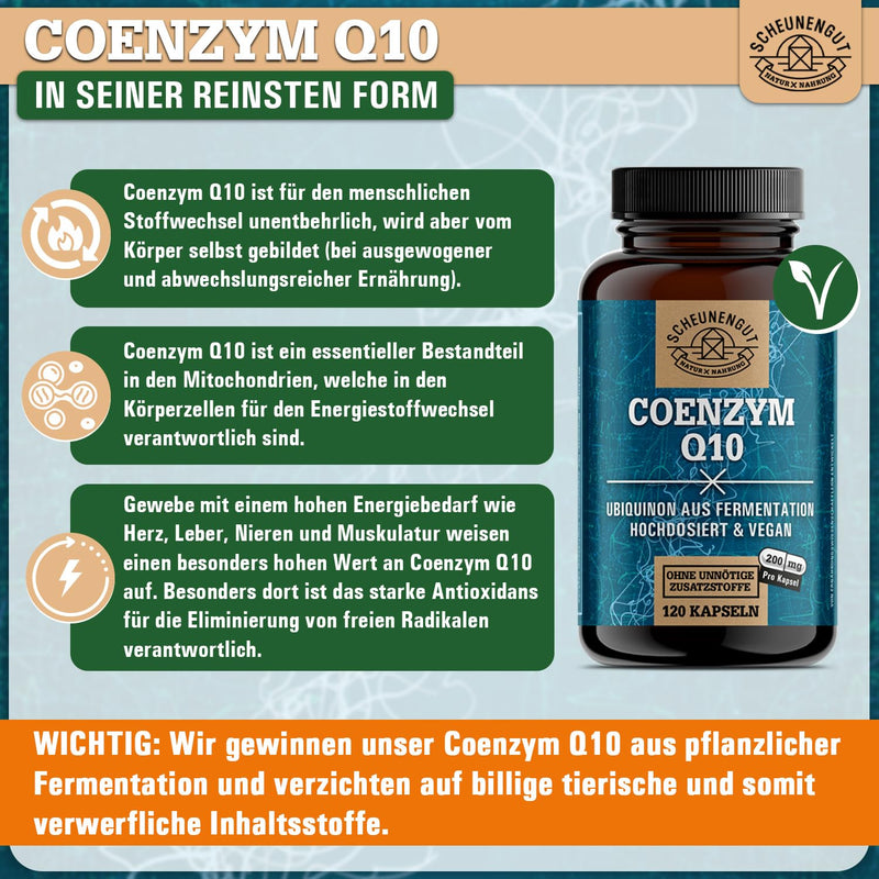 [Australia] - Coenzyme Q10-200mg per capsule - IMPORTANT: Q10 high dosage with laboratory-tested recipe + bioactive ubiquinol I Q10 capsules high dosage I 120 vegan capsules I DE I SCHEUNENGUT® 