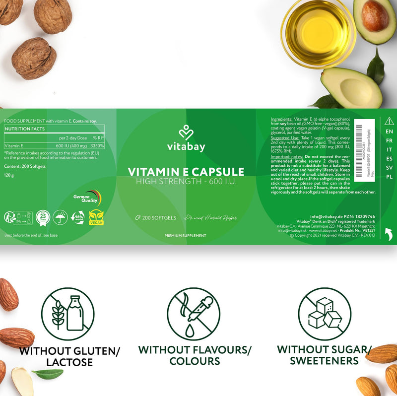 Vitabay Vitamin E 600 IU Depot - 200 Vegan Softgel Capsules - Natural D-Alpha Tocopherol - High Strength - Cell Protection from Oxidative Stress - Lab Tested - 12 Month Supply 100 g (Pack of 1)