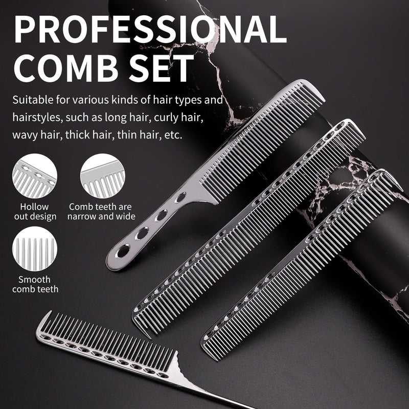 CGBARBER 4 Types Aluminum Hair Combs for Cutting Stainless Steel Hair Tail Metal Comb (silver) silver