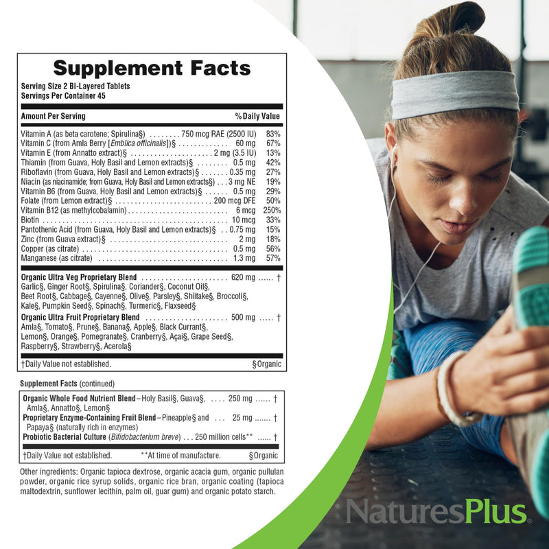 NaturesPlus Ultra Juice Multivitamin - 90 Bi-Layered Tablets - Whole Food Supplement with Fruits, Vegetables & Probiotics - Energy, Digestion & Immune Health Support - USDA Organic - 45 Servings