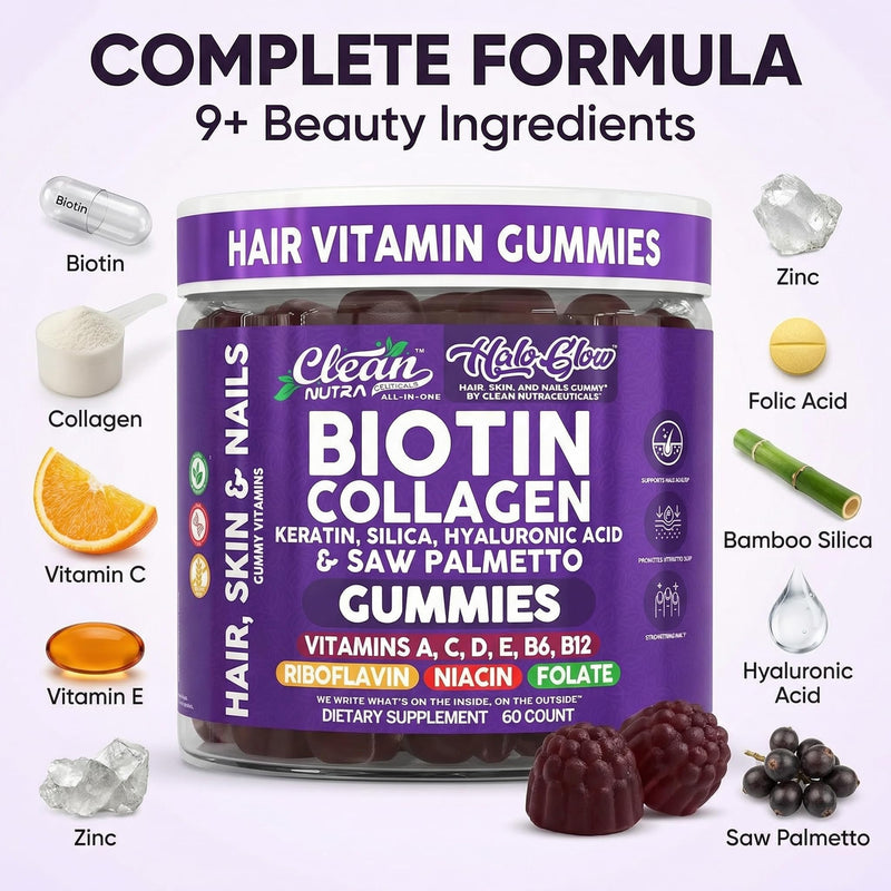 Clean Nutra Biotin Gummies | Collagen, Hyaluronic Acid, Keratin Hair Vitamins Supplement - Hair Growth Support, Skin & Nails - Vitamins C, D, E, B6 & B12 - US Made for Women & Men | 60 Gummy Count