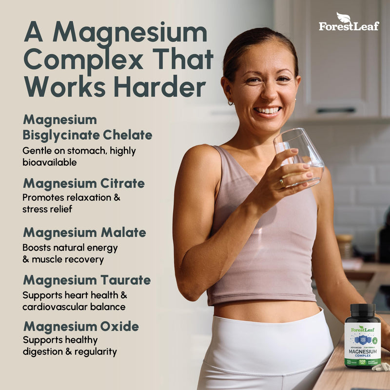 ForestLeaf Magnesium Complex 500mg - 500mg Capsules - Supplement 500 mg - for Sleep, Constipation - Supplement for Women (120 Ct)