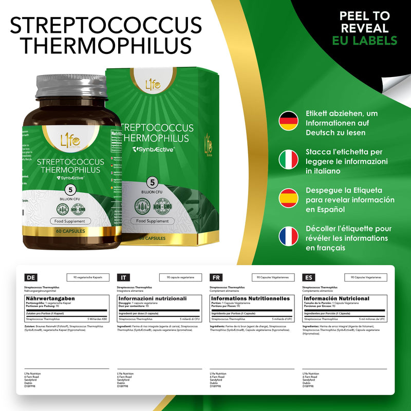 LN Streptococcus Thermophilus | 90 High Strenth Probiotics - 5 Billion CFU S-Thermophilus per Capsule | Bacterial Cultures Prebiotic Supplement | Non-GMO, Gluten & Allergen Free | Made in the UK
