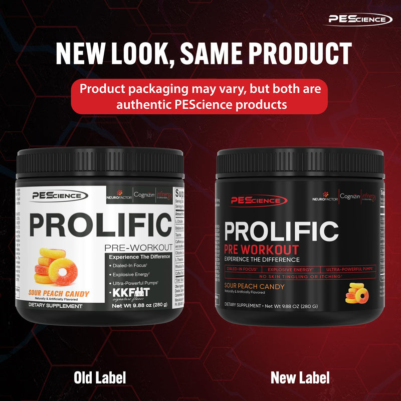 [Australia] - PEScience Prolific Pre Workout Powder, Sour Peach Candy, 40 Scoop, Energy Supplement with Nitric Oxide, KK Fit Signature Flavor 