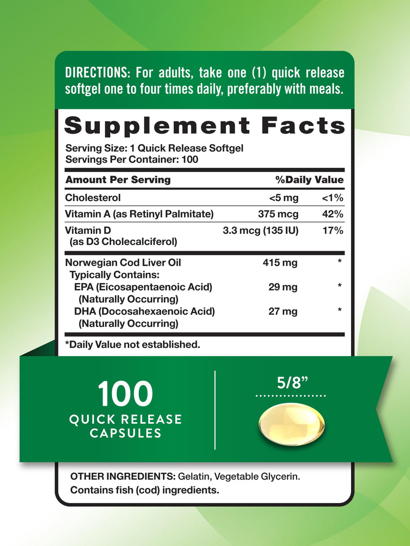 [Australia] - Nature's Truth Norwegian Cod Liver Oil | 100 Softgels | with EPA & DHA | Non-GMO, Gluten Free Supplement 