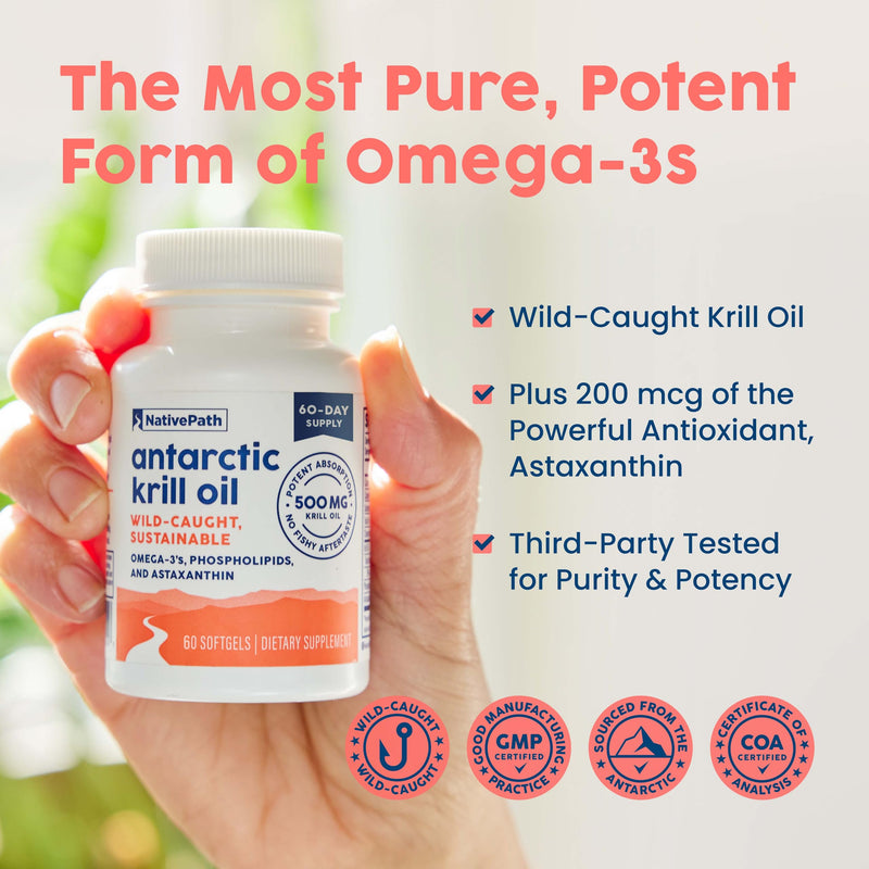[Australia] - NativePath Antarctic Krill Oil - Wild-Caught Omega 3 Krill Oil 500mg Softgels with EPA, DHA and Astaxanthin - Supplement for Joint, Heart, Brain and Immunity - 60 ct - No Fishy Aftertaste 60 Count (Pack of 1) 