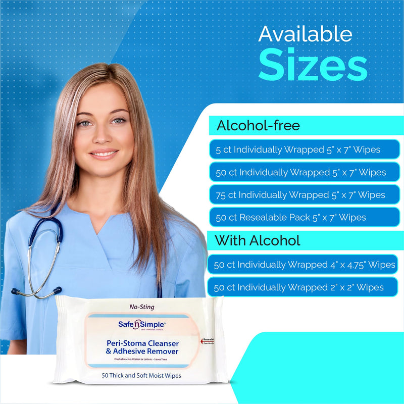 [Australia] - Safe n' Simple Adhesive Remover Wipes - 50 Large No-Sting Skin Prep Wipes Medical Skin Adhesive Remover - Adhesive Removing Wipes for Skin - Non-Alcohol 50 Count (Pack of 1) Alcohol-Free (Resealable) 