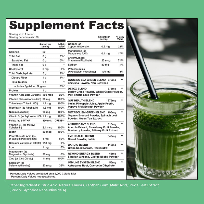 Rewind Best Tasting Super Greens Powder with 40+ Superfoods – Delicious Daily Green Powder with Vitamin B12, Zinc, Vitamin C, Magnesium & Calcium – Green Juice Superfood Mix - Peach Flavor Peach Paradise - 30 Servings