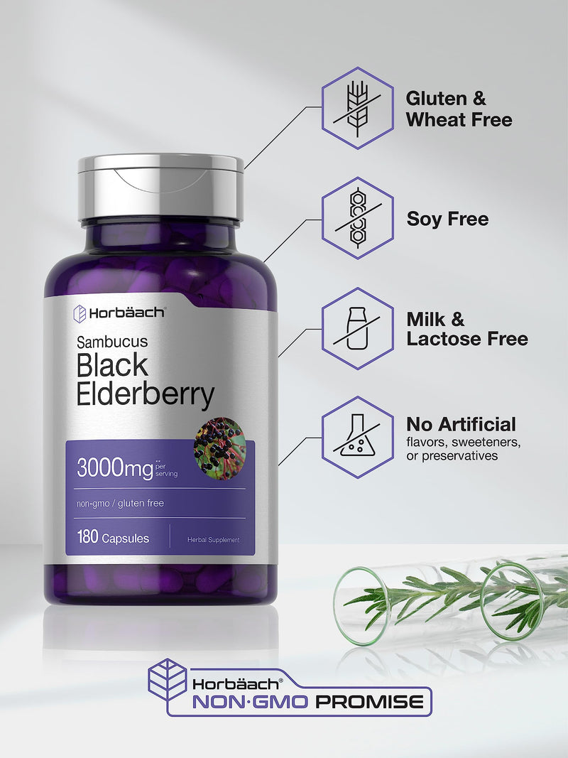 Horbäach Black Elderberry | 3000mg Capsules | 180 Count | Non-GMO, Gluten Free | Sambucus Extract Supplement