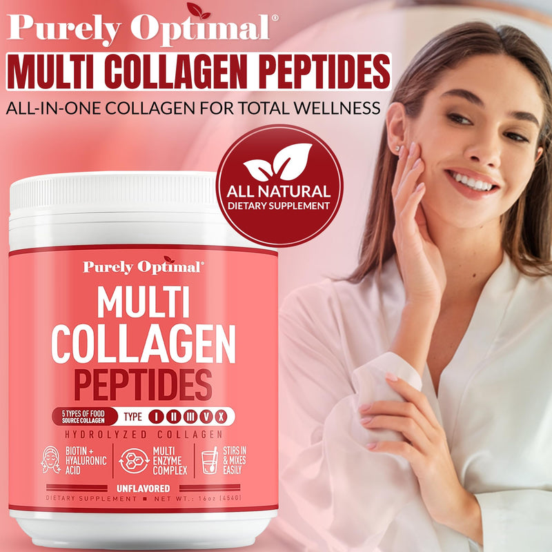 Purely Optimal Collagen Peptides Powder - 5 Types Hydrolyzed Collagen Peptides with Biotin, B12, & Hyaluronic Acid for Hair, Skin, Nails, Bones & Joints - Unflavored, Easy Mixing, 16oz, 42 Servings