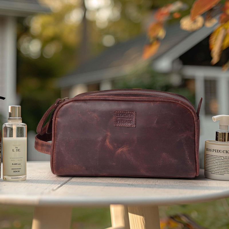 LEATHER VILLAGE Leather Toiletry Bag for Men, Travel Dopp Kit Shaving Bag | Full grain buffalo leather, water-resistant lining, 10x6x6 in YKK zippers, side handle, travel shaving & grooming kit -Cherry Mulberry Brown