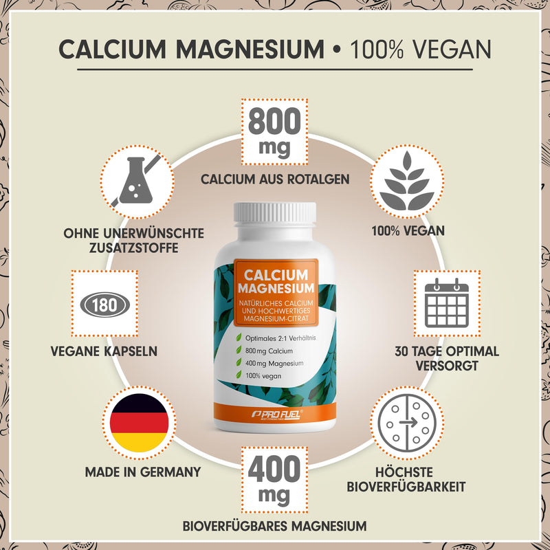 [Australia] - Calcium & Magnesium 180 capsules - high dose with 800 mg calcium + 400 mg magnesium per day - high bioavailability thanks to natural calcium from red algae and magnesium citrate - laboratory tested & vegan 1x 180 capsules 