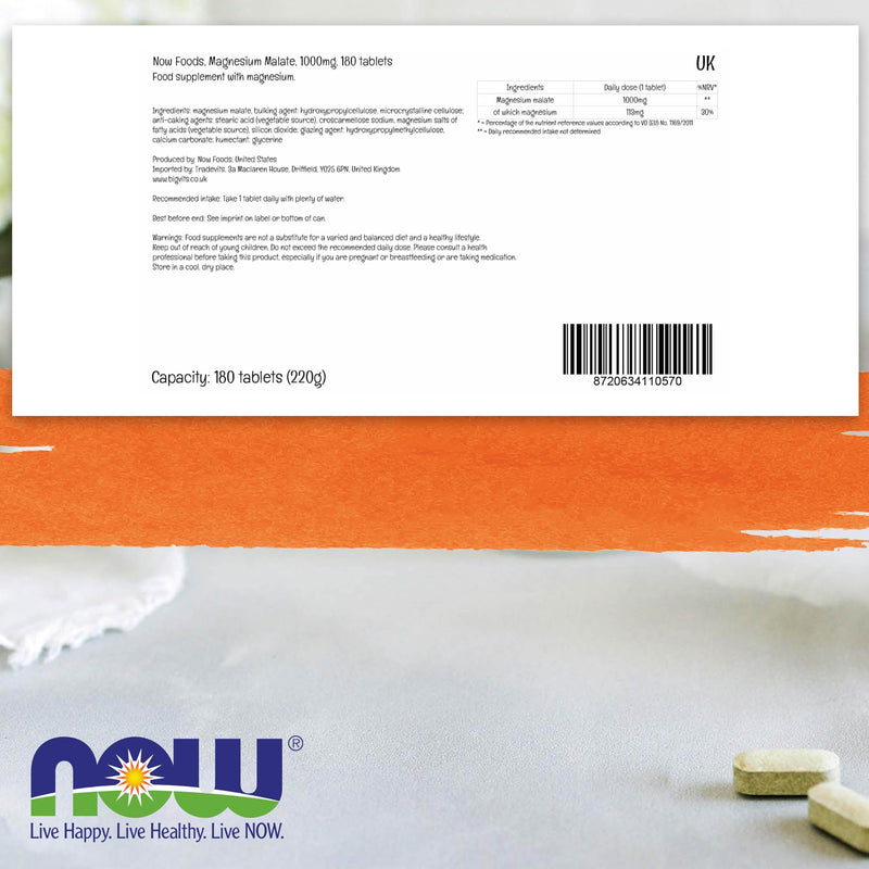 Now Foods, Magnesium Malate, 1,000mg, 180 Vegan Tablets, Lab-Tested, Gluten Free, Soy Free, Vegetarian