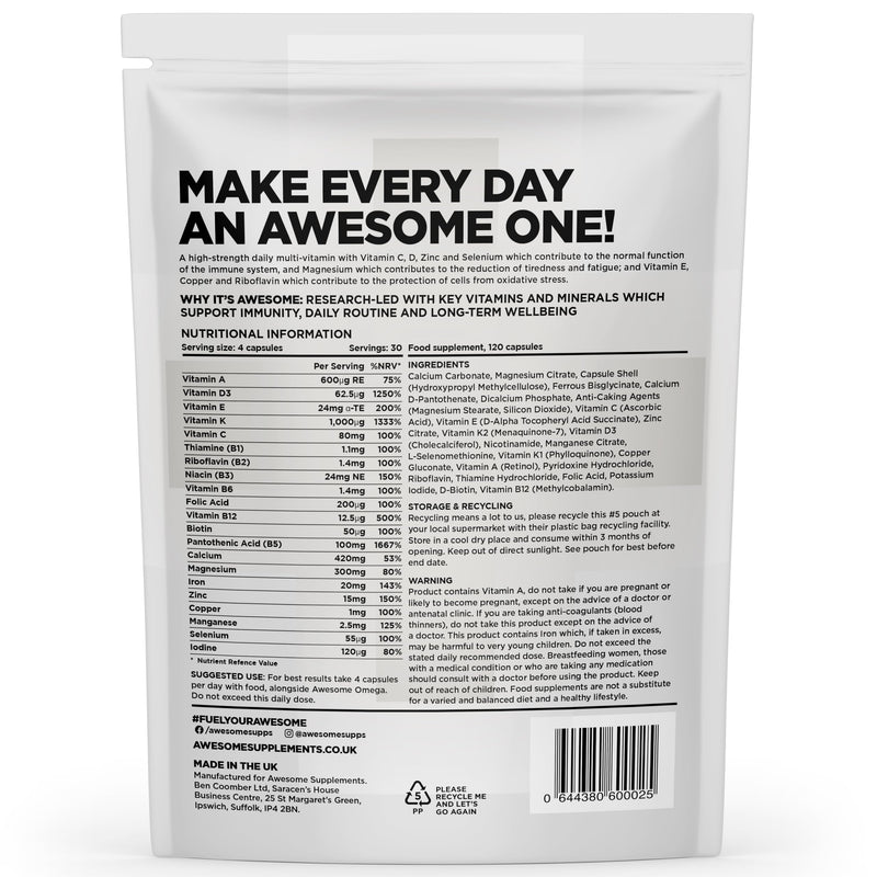 Awesome Health Defence - Vegan Multivitamin Tablets – Multi-Vitamin & Multinutrient Supplement – 120 Capsules – Vitamin D,C,E – Immune Support, Antioxidant Protection – Vegan Supplement 1 count (Pack of 120)