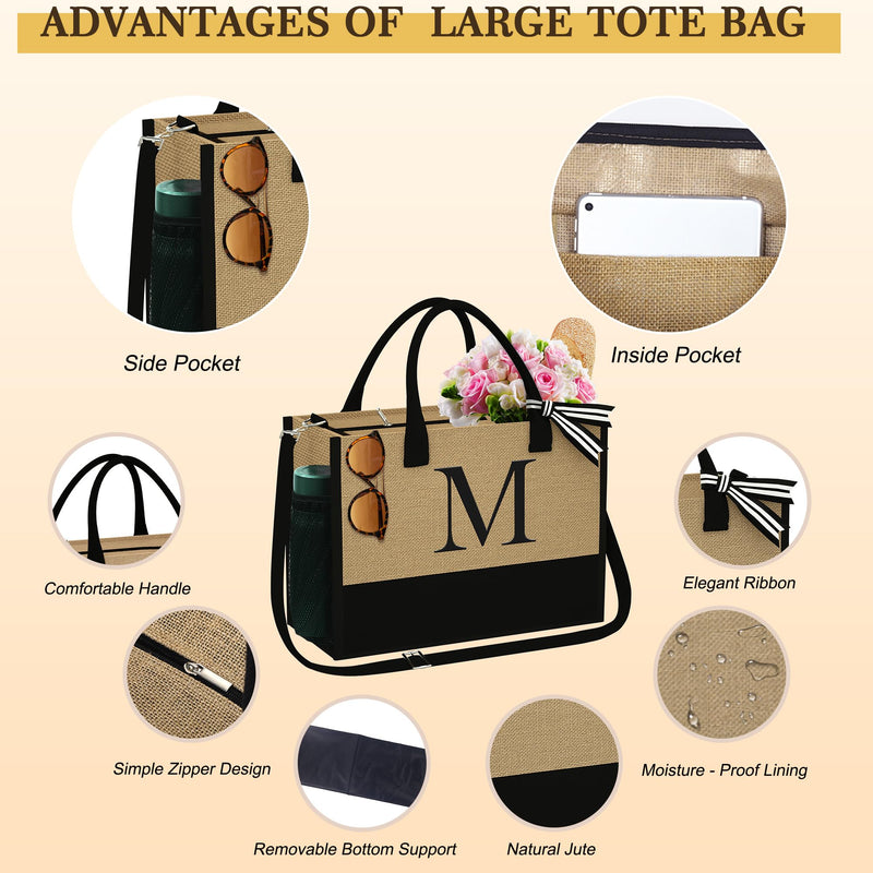 YOOLIFE 3 Pcs Initial Jute Tote Bag & 2 Pcs Initial Makeup Bag Personalized Gifts for Women Teen Girls