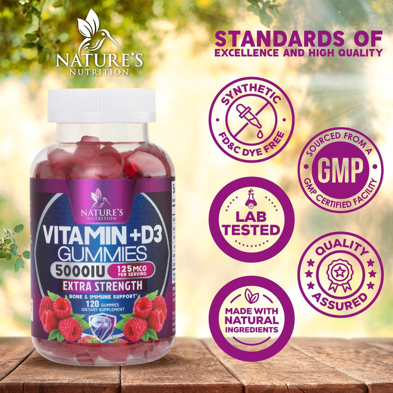 Vitamin D Supplement Gummy - Vitamin D3 125 mcg 5000 IU Per Serving - Bone, Teeth, Muscle and Immune Health Support for Men & Women, Premium VIT D3 Nature's & Gluten Free - 120 Gummies 120 Count (Pack of 1)