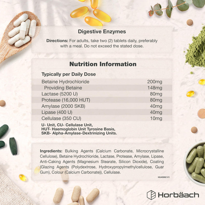 Digestive Enzyme Supplements | Complex with Betaine HCL, Amylase, Lactase, Protease, Lipase & Cellulase | 90 Vegan Tablets | by Horbaach