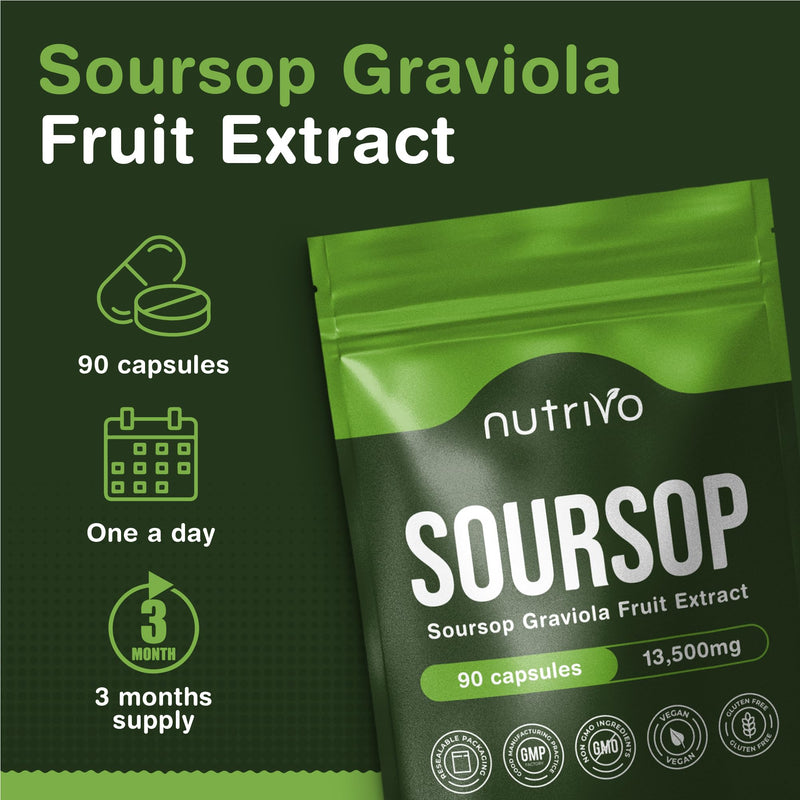 Soursop Graviola Capsules | 13,500mg Per Capsule | 90 Capsules Per Pouch - 3 Months Supply | One A Day | High Strength Soursop Supplement | Vegan & UK Made