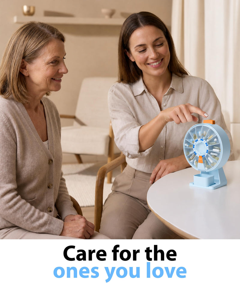 Pill Dispenser 14 Day – Rotating Medicine Organizer Wheel with Push Button, Wall Mounted or Desktop Manual Pill Dispenser for Elderly & Seniors, Large Capacity Vitamin & Medication Organizer Blue