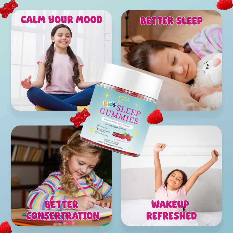 DVEOO Natural Sleep Gummies for Kids – Raspberry Sleep Supplement with Magnesium Glycinate, Vitamin B6, C & D3, L-Theanine & Lemon Balm – 60 Sleep Gummies