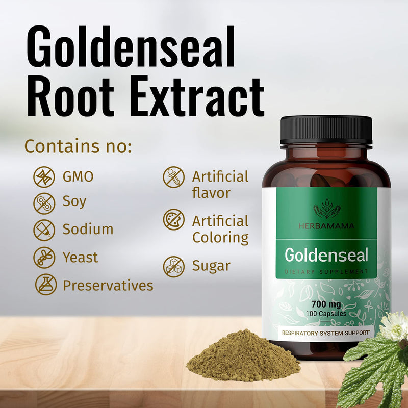 [Australia] - HERBAMAMA Goldenseal Root Capsule Supplement - Organic Goldenseal Herb Powder Pills - Respiratory & Digestive Health Support - 100 Capsules 