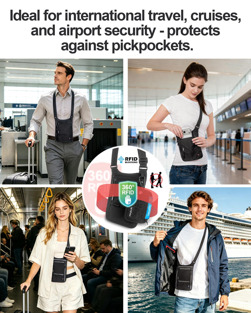 Travel Neck Wallet, RFID Blocking Passport Holder, Secure Dual Strap | Easy to Conceal Travel Pouch, Concealed Travel Wallet for Men, Women & Family, Water Resistant Black