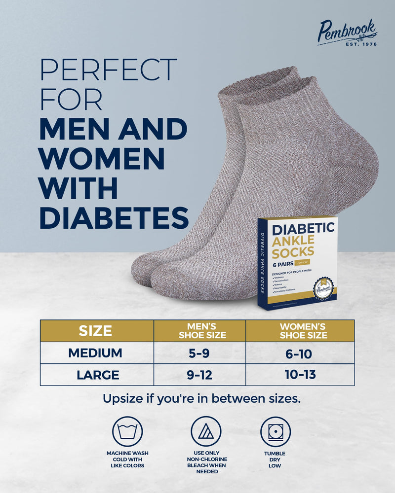 Pembrook Diabetic Ankle Socks for Men and Women - 6 Pairs Low Cut Seamless Diabetic Socks Women | Diabetic Socks for Men Large Tan, Light Tan, Navy, Light Blue, Grey, Light Grey