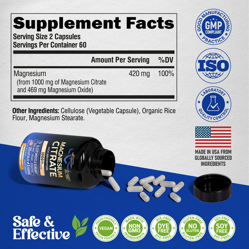 [Australia] - Magnesium Citrate Capsules 1000mg | High Absorption Supplement - Sleep, Muscle & Heart Support - Vegan | Non-GMO - Made in USA - As Powder | Pills | Tablets - 120 Capsules, 2 Month Supply 120 Count (Pack of 1) 