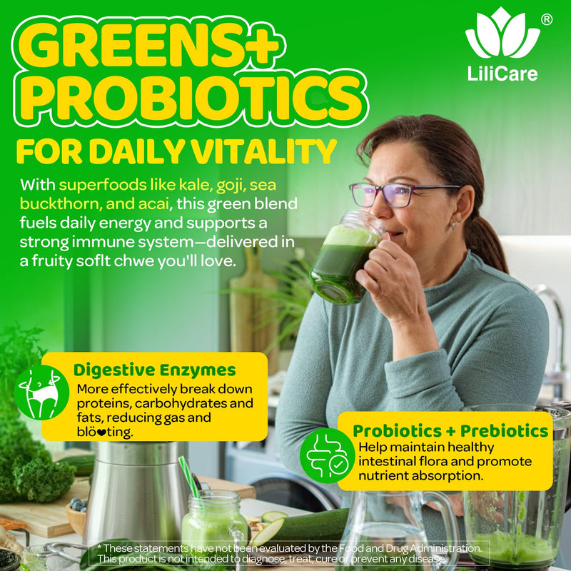 Greens Gummies for Picky Teens & Adults - Greens Superfood Multivitamin Gummies w/ 40+ Fruits & Veggies, Lutein, Enzymes & Fiber, Supergreen Chews for Immunity, Energy, Digestion, Gut & Vision, 1 Pack