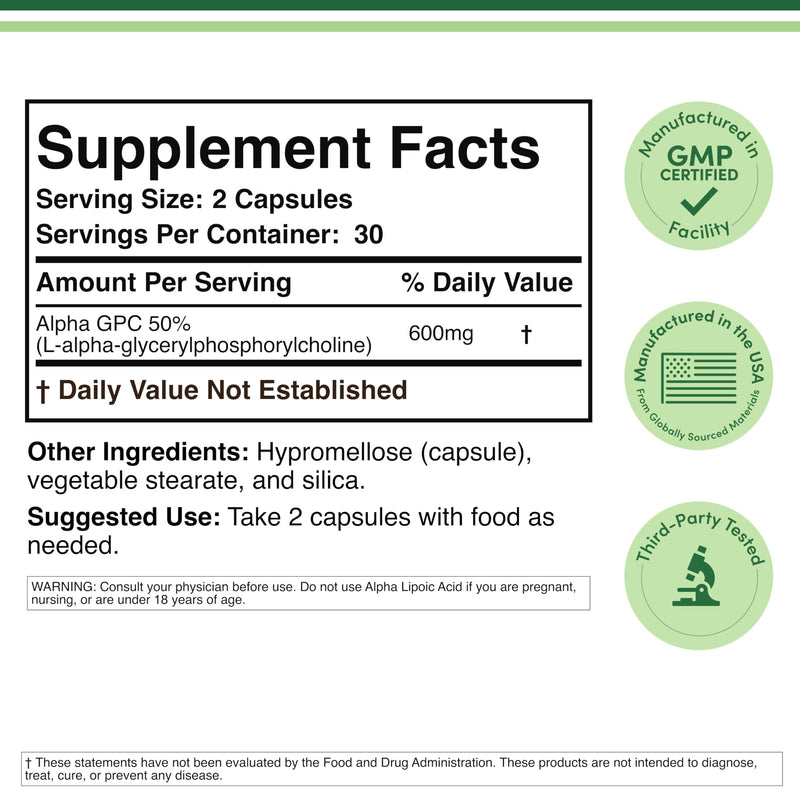 [Australia] - Alpha GPC Choline Brain Supplement for Acetylcholine (60 Count, 600mg Servings) Advanced Memory Formula, Focus and Brain Support, Focus Supplement (Manufactured in The USA) by Double Wood 60 Count (Pack of 1) 
