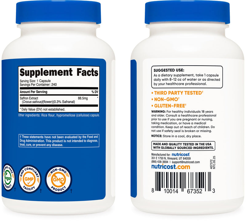 [Australia] - Nutricost Saffron Extract 88.5mg, 240 Capsules - Veggie Caps, Non-GMO, Gluten Free 