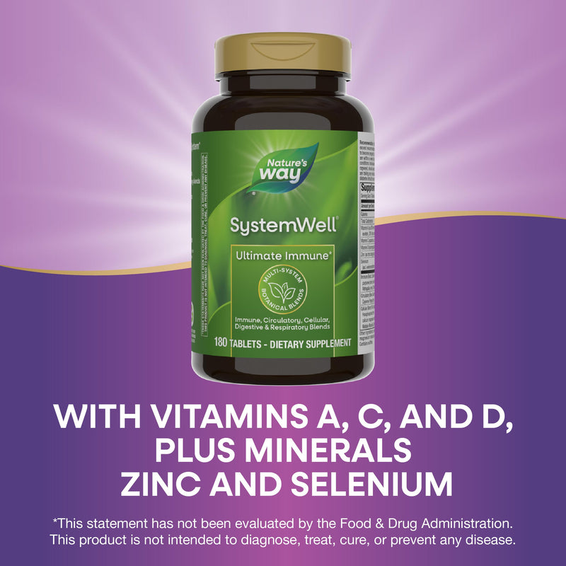 Nature's Way SystemWell Ultimate Immune*, Immune Support Supplement*,180 ct | Multi-System Botanical Blends, Wellness Formula Tablets with Vitamins C, A, D, Zinc, Selenium, Herbal Blends 180 Count (Pack of 1)