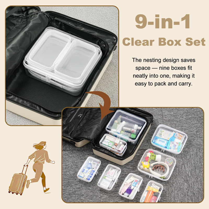 9 pcs Zipper Pouches Nesting Set, Hard Shell Toiletry Bag | Stackable Travel Organizer, Cosmetic Bags, Transparent Diaper Bag, Storage Cases (1 Tall M + 2M + 6S) White 1Tall M+2M+6S
