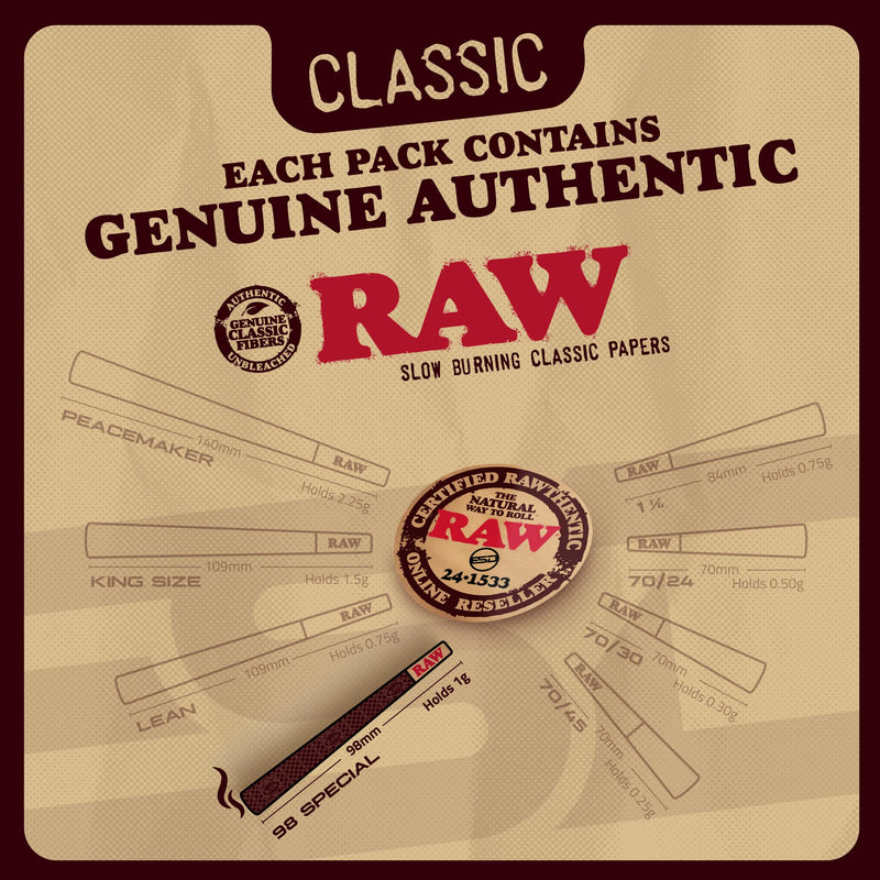 [Australia] - RAW Cones Classic 98 Special | 50 Pack | Natural Pre Rolled Rolling Paper with Tips & Packing Tubes Included 