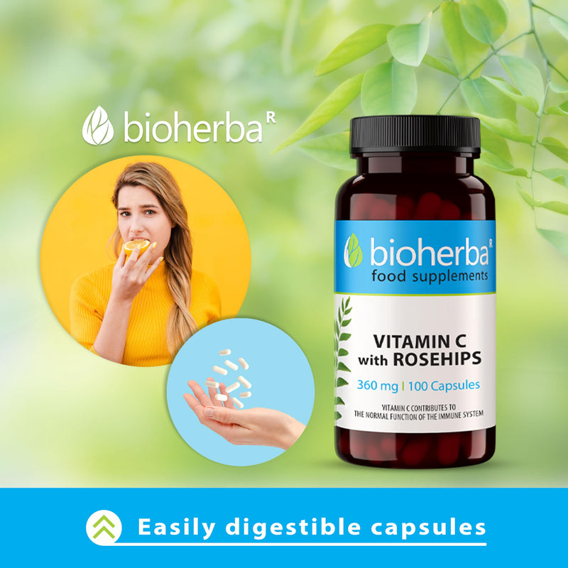 Vitamin C 360 mg with Rosehip – 100 Capsules | Natural Source of Vitamin C from Rosa canina Fruit | Ideal for Daily Wellness & Balanced Nutrition – by BIOHERBA 100 pcs