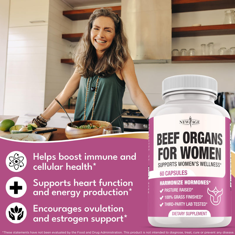 [Australia] - NEW AGE Beef Organ Supplement for Women - Beef Liver, Kidney, Heart and Uterus Tissue, Supports Women's Overall Energy and Health - Pasture Raised, Grass Fed - No Fillers - 120 Capsules 60 Count (Pack of 2) 