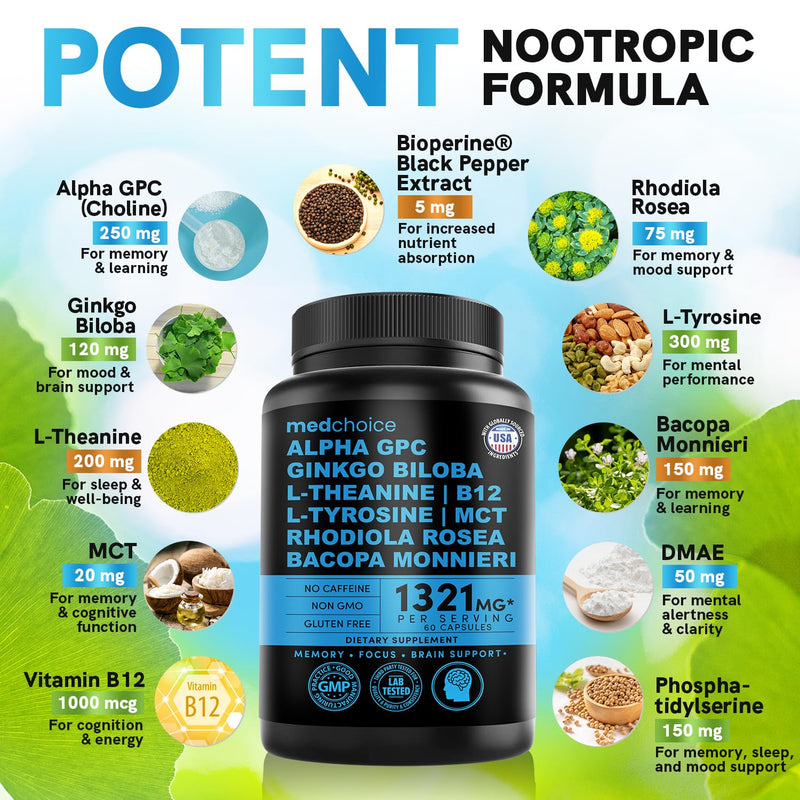 [Australia] - 11-in-1 Nootropic Brain Supplements: Memory & Focus Supplement with Ginkgo Biloba, L Theanine, Bioperine, & Alpha GPC Choline - 1321mg, 60ct - Stimulant Free, Vegan - Focus Brain Support (1 pack) Caffeine-free 60 Count (Pack of 1) 