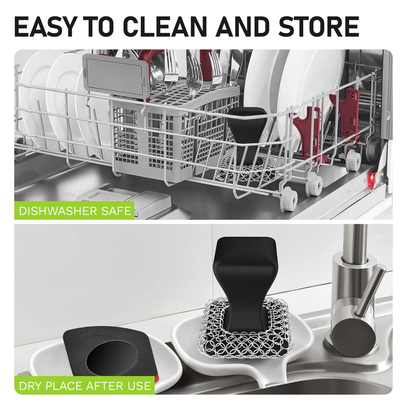 [Australia] - Cast Iron Scrubber & Scraper Kit, 316 Stainless Steel Cast Iron Skillet Cleaner Chainmail Scrubber for Cast Iron Pans Dish Scrub Brush Chain Link Scouring Pad for More Pot Cookware Cleaning Black 