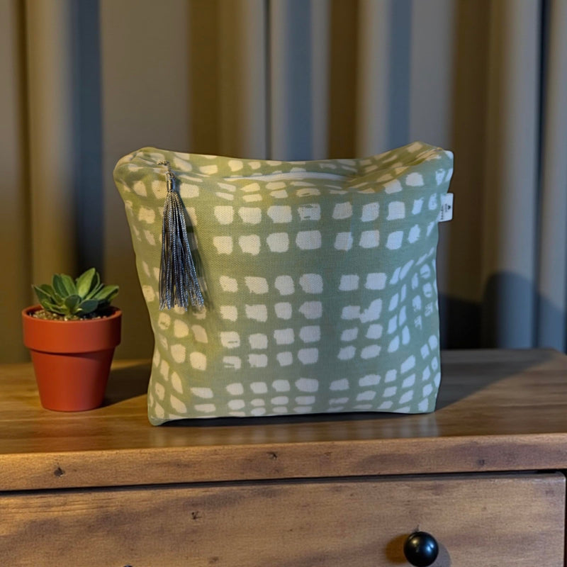 Handmade Canvas Cosmetic Bag with Tassel, Abstract Green Dot Pattern, 9.5 x 8.5 x 2.5 inches