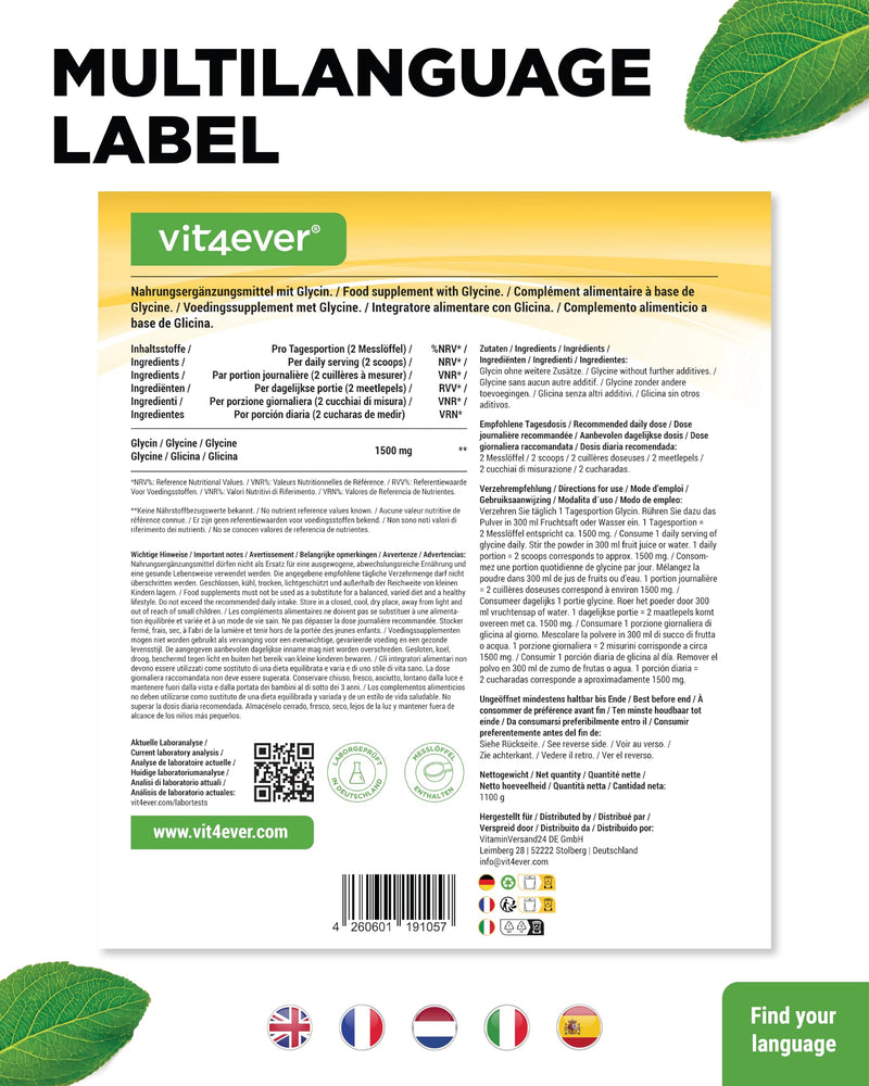 [Australia] - Glycine Pure - 1100 g (1.1 kg) pure powder without additives - with measuring spoon - L-glycine amino acid optimally dosed, naturally sweet - vegan 1.1 kg (pack of 1) 