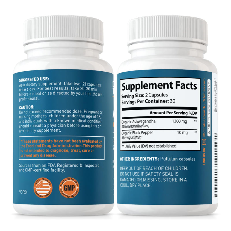 [Australia] - Dr. Tobias Ashwagandha Capsules, 1300mg Organic Ashwagandha Root Extract Per Serving with Black Pepper, Calming Adaptogen, Energy & Focus Supplement, 60 Vegetarian Capsules 