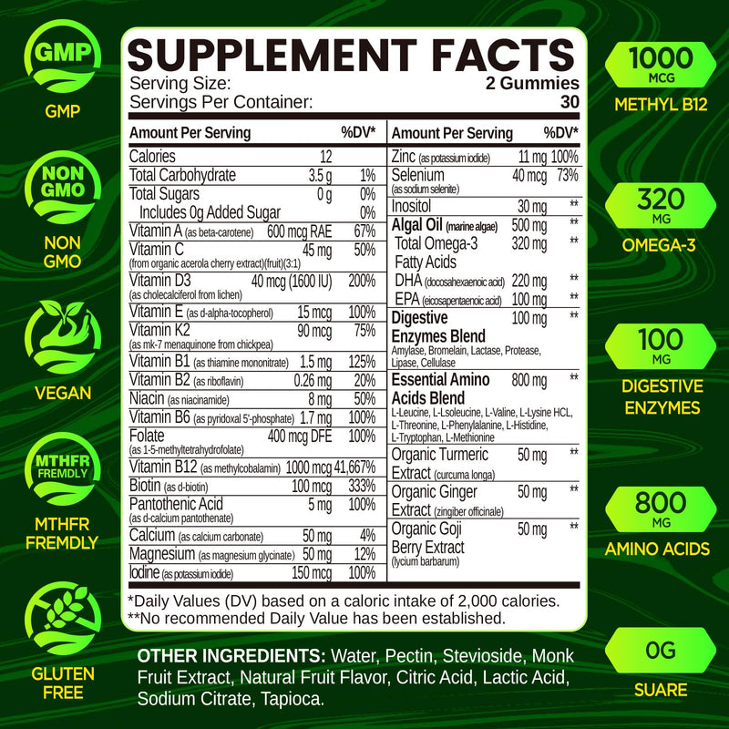 Methylated Multivitamin for Men Gummies, Men`s Multivitamins Gummies with Vitamin B Complex, A, C ,D3, E, K2, Calcium, Magnesium, Omega-3, Energy & Immune, Vegan, 50 Plus, Sugar Free, 60 Count