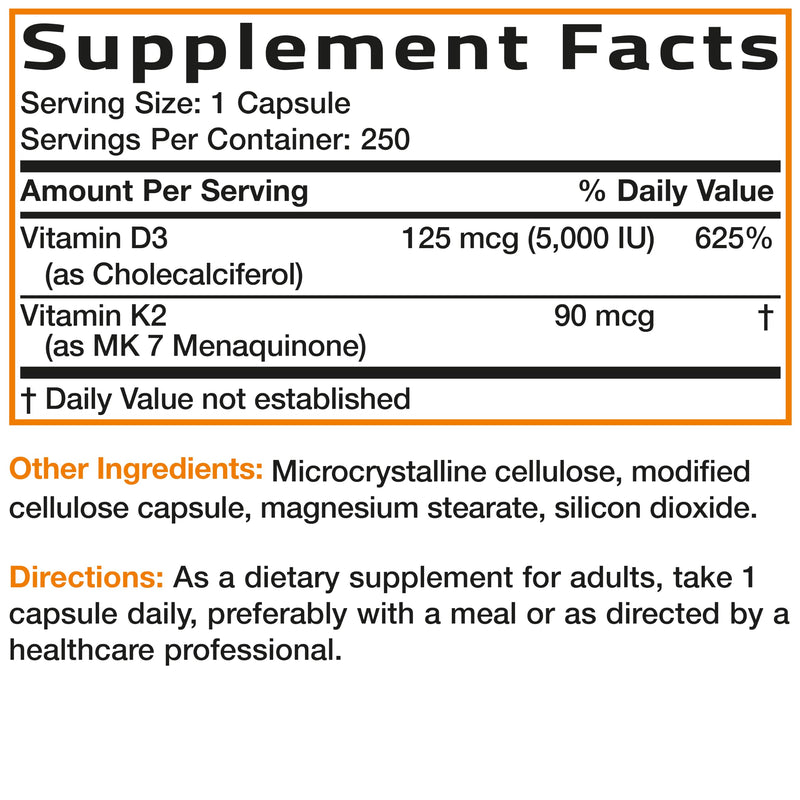 Bronson Vitamin K2 D3 (MK7) Supplement 2-in1 D3 & K2 Complex, 250 Capsules | Bone, Immune & Heart Health Support, Gluten Free, Soy Free, Non-GMO, Vitamin D3 5000IU (125 mcg) & 90 mcg K2 MK-7 250 Count (Pack of 1)