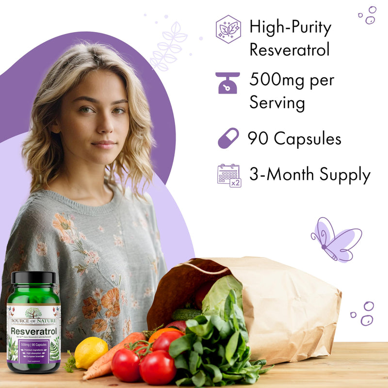 Trans-Resveratrol 500 mg | 90 Vegan Capsules | High Strength | 98% Purity | Naturally Fermented | with Piperine | Lab Tested | Premium Quality 90 count (Pack of 1)