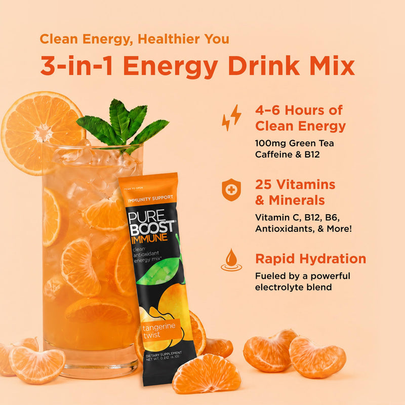 Pureboost Sugar-Free Immune Clean Energy Booster Drink Mix, Combo Pack 10ct | Tangerine,Tropical & Elderberry. With 1,200mg Vitamin C, Vitamins A + D, Zinc, Antioxidants & Elderberry for Immune Support 10 Count
