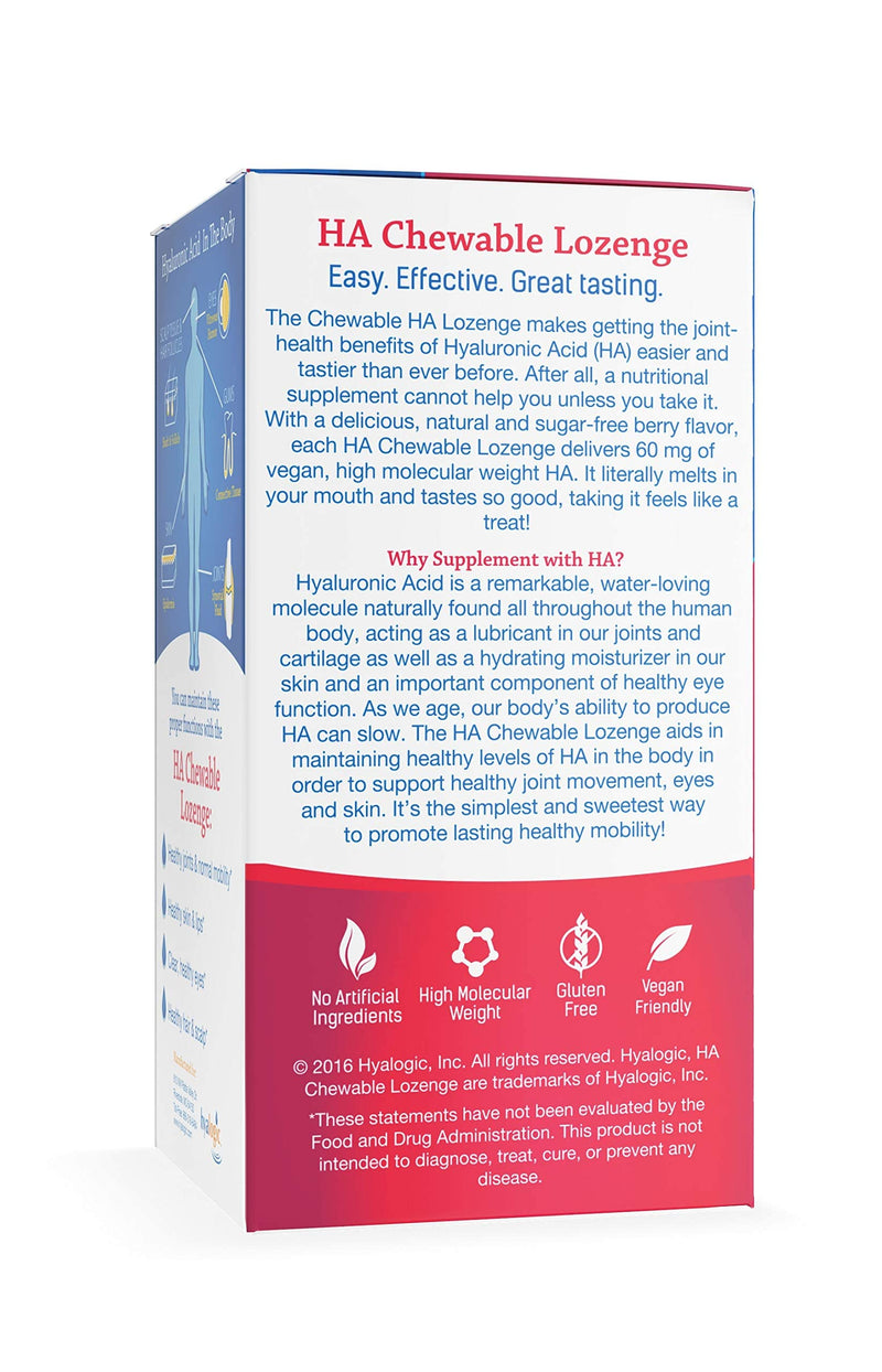 Hyalogic Hyaluronic Acid Chewables 60 Count- Great Tasting Berry Flavored (120 mg per 2 tabs) - Defy Aging Naturally - Sugar Free HA Supplement for Joint Support, Skincare & Eye Health Standard Packaging