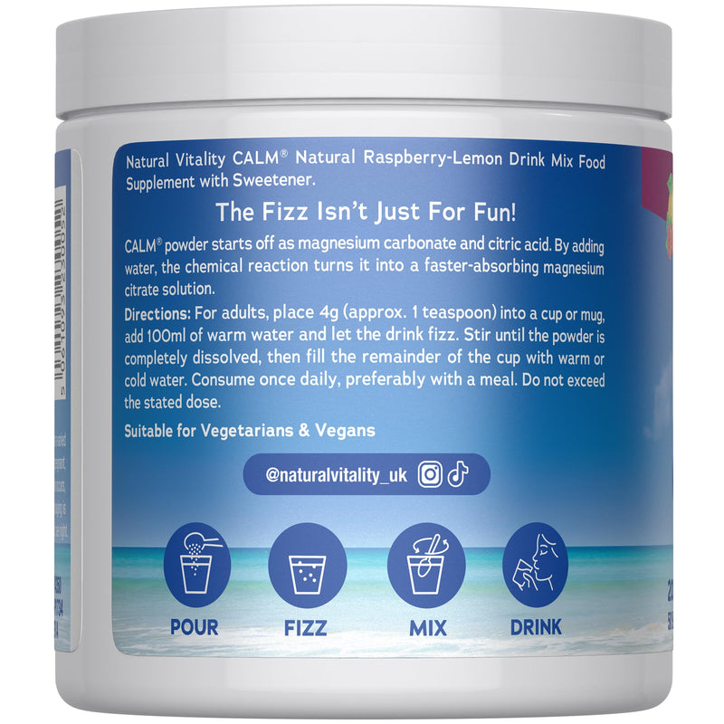 Natural Vitality Calm Magnesium Powder Supplement | Relaxing Drink Mix | High Strength Magnesium Carbonate | for Women & Men | Vegan | Natural Raspberry-Lemon Flavour | 200g