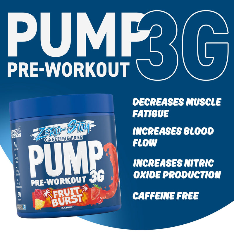 Applied Nutrition Pump Zero Pre Workout - Zero Stim, Caffeine Free, Energy & Performance (375g - 25 Servings) (Fruit Burst) Zero Stimulant - Fruit Burst